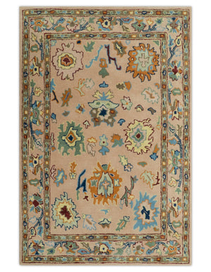 Hand Tufted Pink Peach and Gold Modern Colorful Oushak Rug