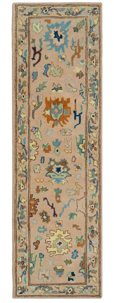 Hand Tufted Pink Peach and Gold Modern Colorful Oushak Rug