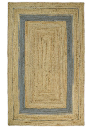 Hand Woven Natural Fiber Blue and Brown Natural Jute Rug