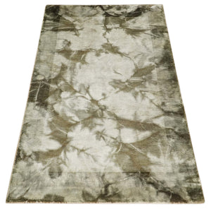 4x6 Modern Abstract Hand Woven Silver and Olive Art Silk Rug