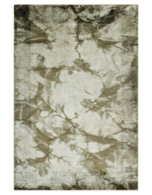 4x6 Modern Abstract Hand Woven Silver and Olive Art Silk Rug