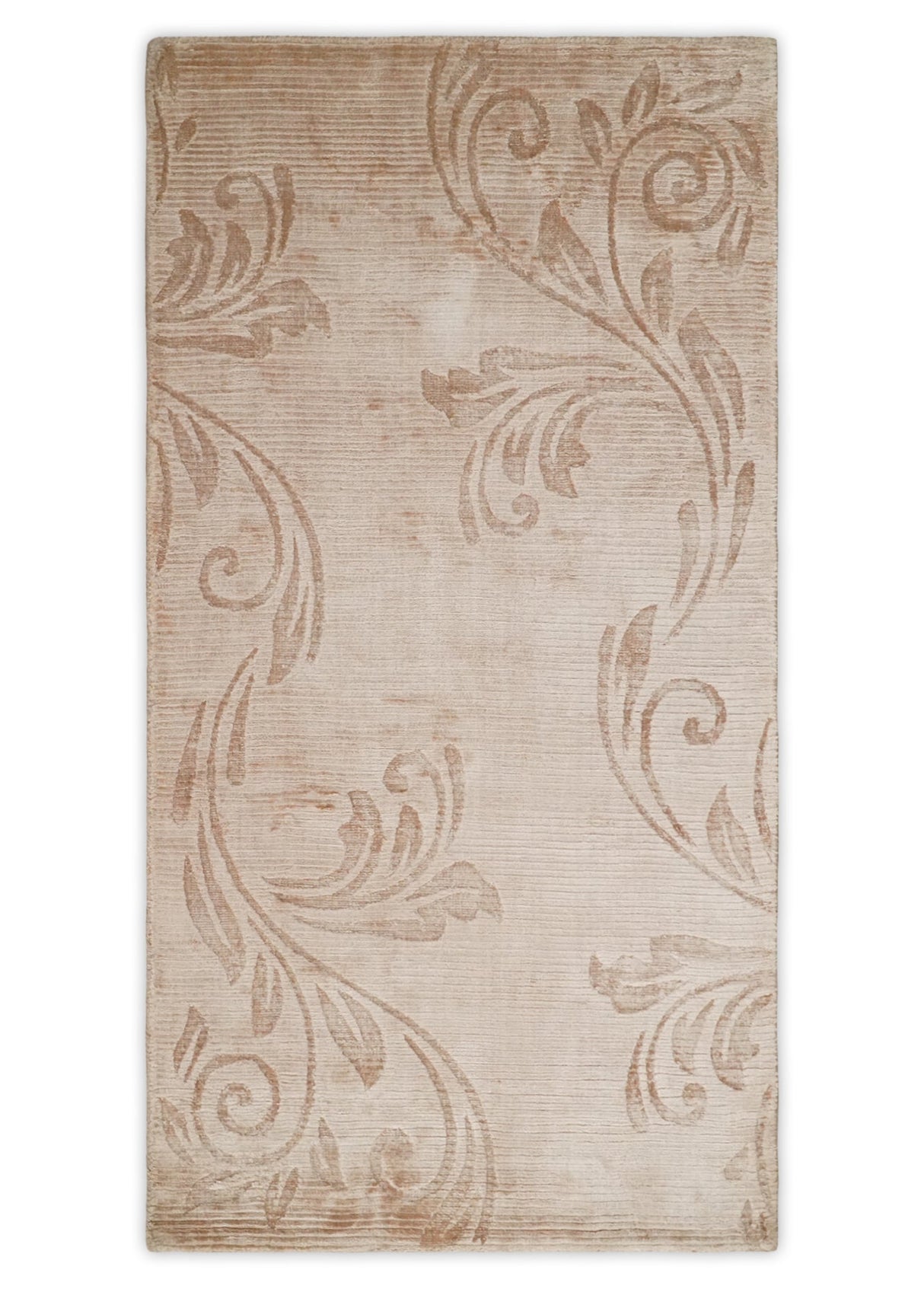 3x5 Hand Woven Beige and Peach Modern Floral Art Silk Rug