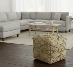 Hand Woven Beige Geometrical Design Jute Pouf