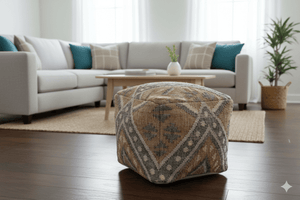 Hand Woven Boho Tribal Large Gray and Brown Jute and Wool Pouf