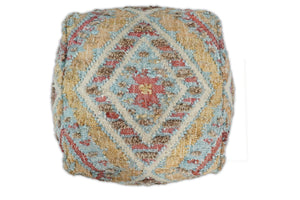 Hand Woven Boho Tribal Large Mustard and Blue Jute and Wool Pouf