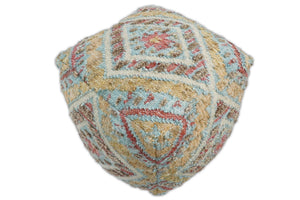 Hand Woven Boho Tribal Large Mustard and Blue Jute and Wool Pouf