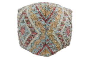 Hand Woven Boho Tribal Large Mustard and Blue Jute and Wool Pouf