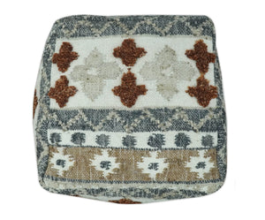Hand woven Ivory, Gray and Brown Textured Jute and wool Pouf