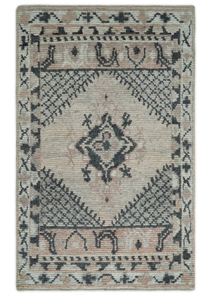 Hand Woven Peach and Charcoal Blended Hand Knotted Wool Rug