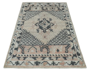 Hand Woven Peach and Charcoal Blended Hand Knotted Wool Rug