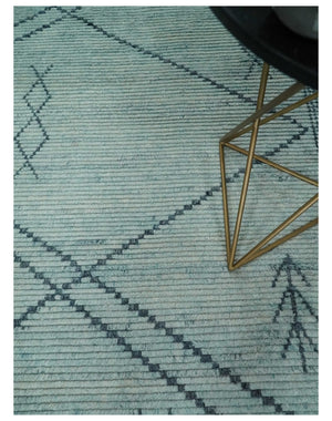 Custom Made Hand Woven Blue Abstract Trellis Moroccan Rug Made with Blended Wool