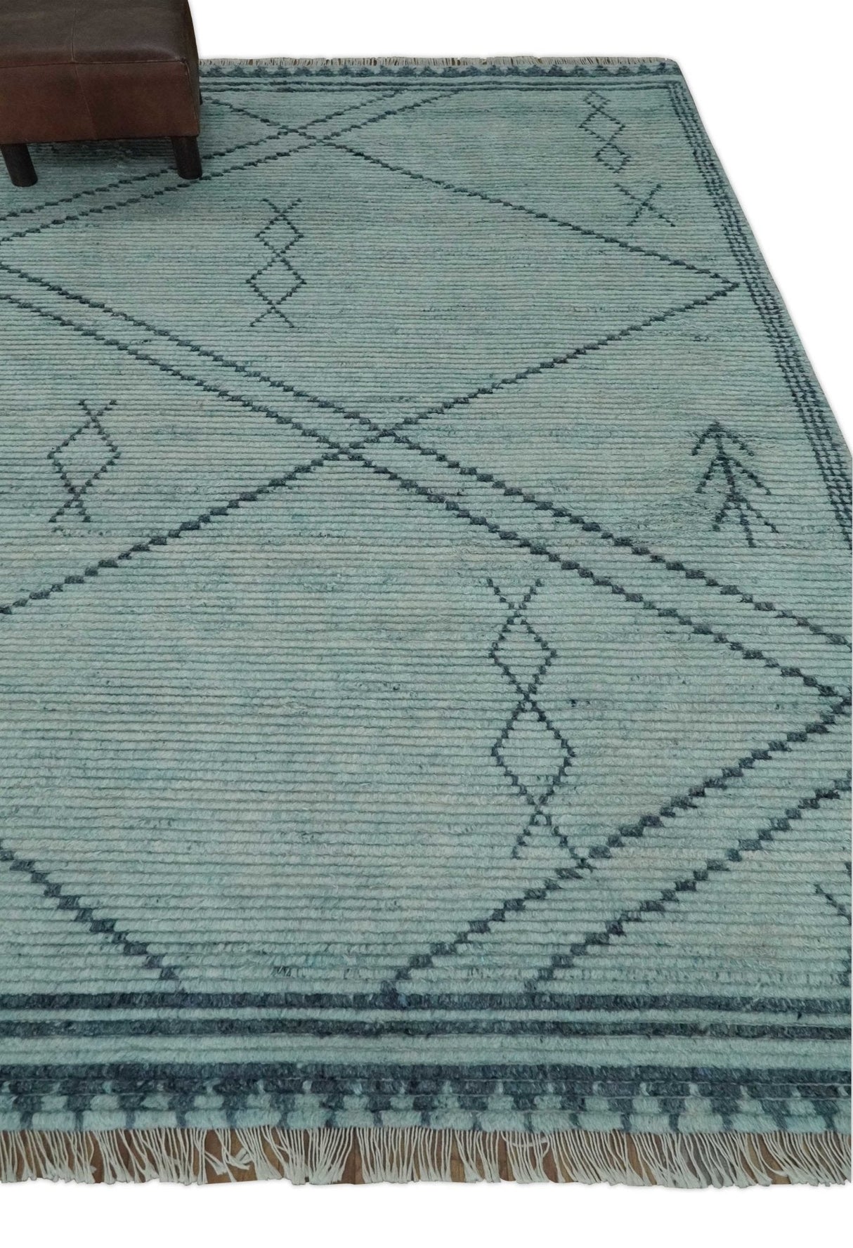 Custom Made Hand Woven Blue Abstract Trellis Moroccan Rug Made with Blended Wool