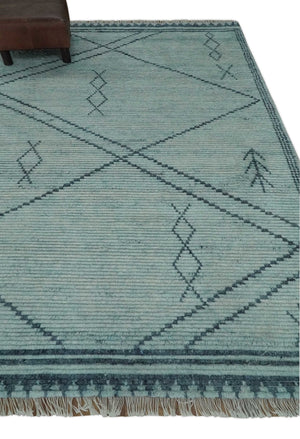 Custom Made Hand Woven Blue Abstract Trellis Moroccan Rug Made with Blended Wool