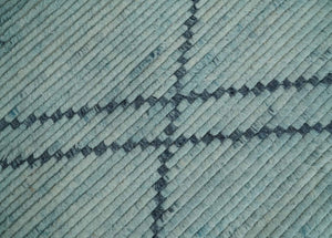 Custom Made Hand Woven Blue Abstract Trellis Moroccan Rug Made with Blended Wool