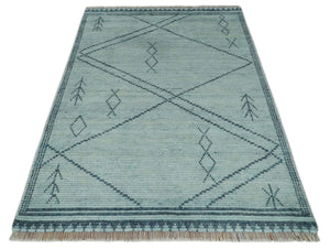 Custom Made Hand Woven Blue Abstract Trellis Moroccan Rug Made with Blended Wool
