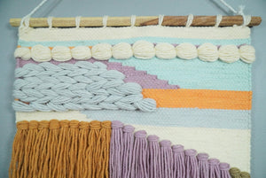 Hand Woven Wool Tapestry White, Blue and Gold Bohemian Modern Wall Hanging | WH12