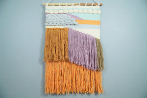 Hand Woven Wool Tapestry White, Blue and Gold Bohemian Modern Wall Hanging | WH12