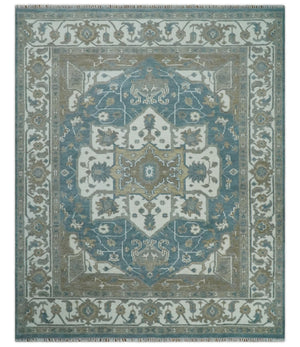 Teal And Ivory Hand Knotted Traditional Heriz Wool Area Rug