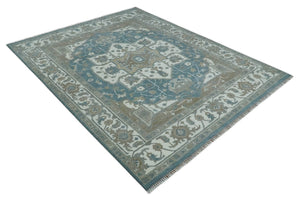 Teal And Ivory Hand Knotted Traditional Heriz Wool Area Rug