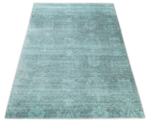 Modern Floral Design Teal Hand Loom Wool and Bamboo Silk 6x10 Area Rug