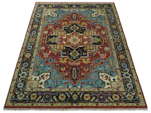 Rust And Blue Traditional Medallion Hand Knotted Wool Area Rug