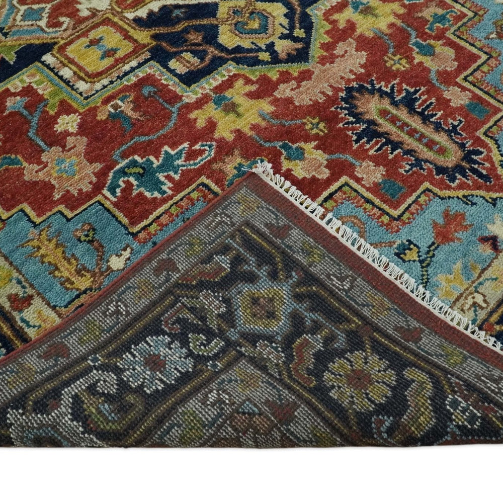 Rust And Blue Traditional Medallion Hand Knotted Wool Area Rug