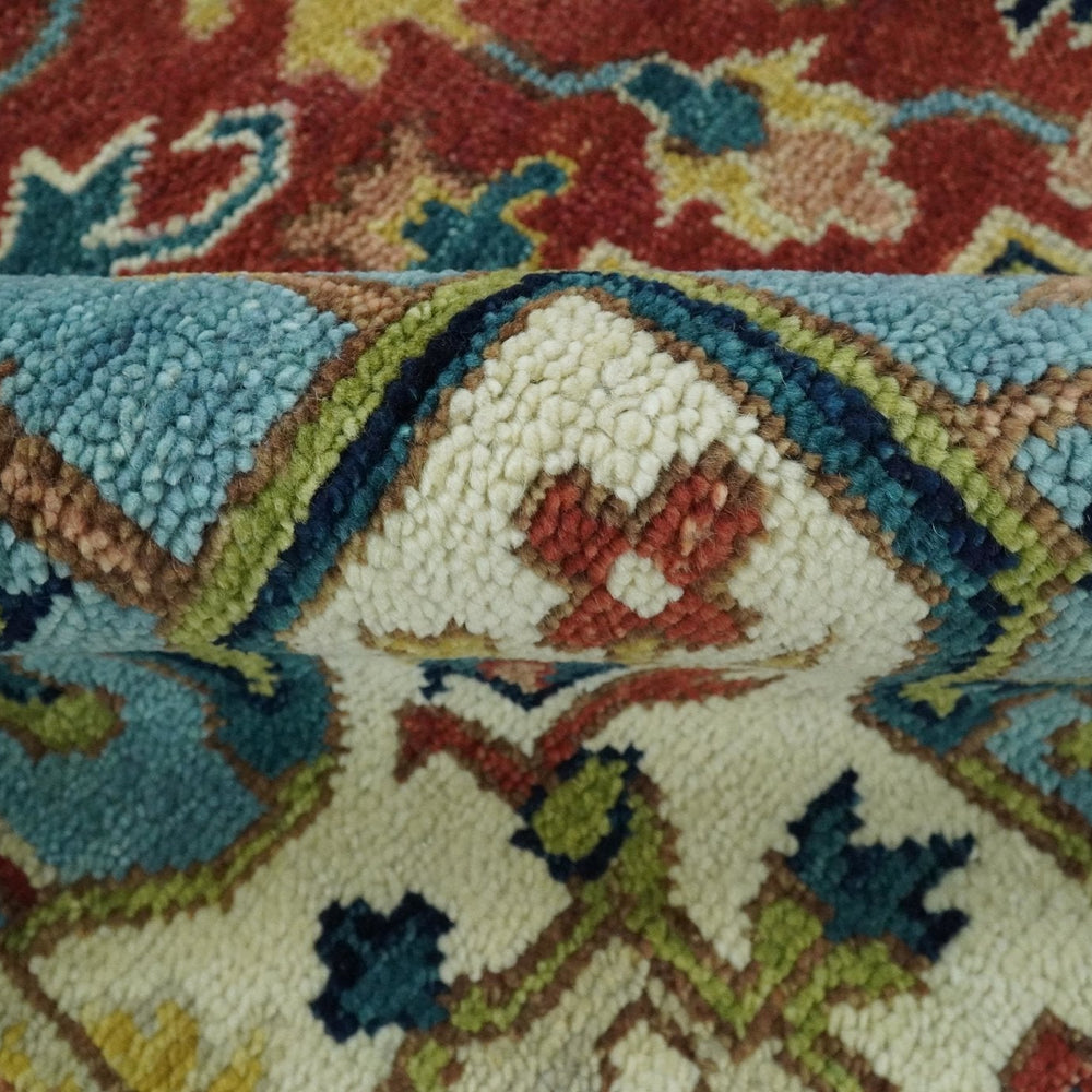 Rust And Blue Traditional Medallion Hand Knotted Wool Area Rug