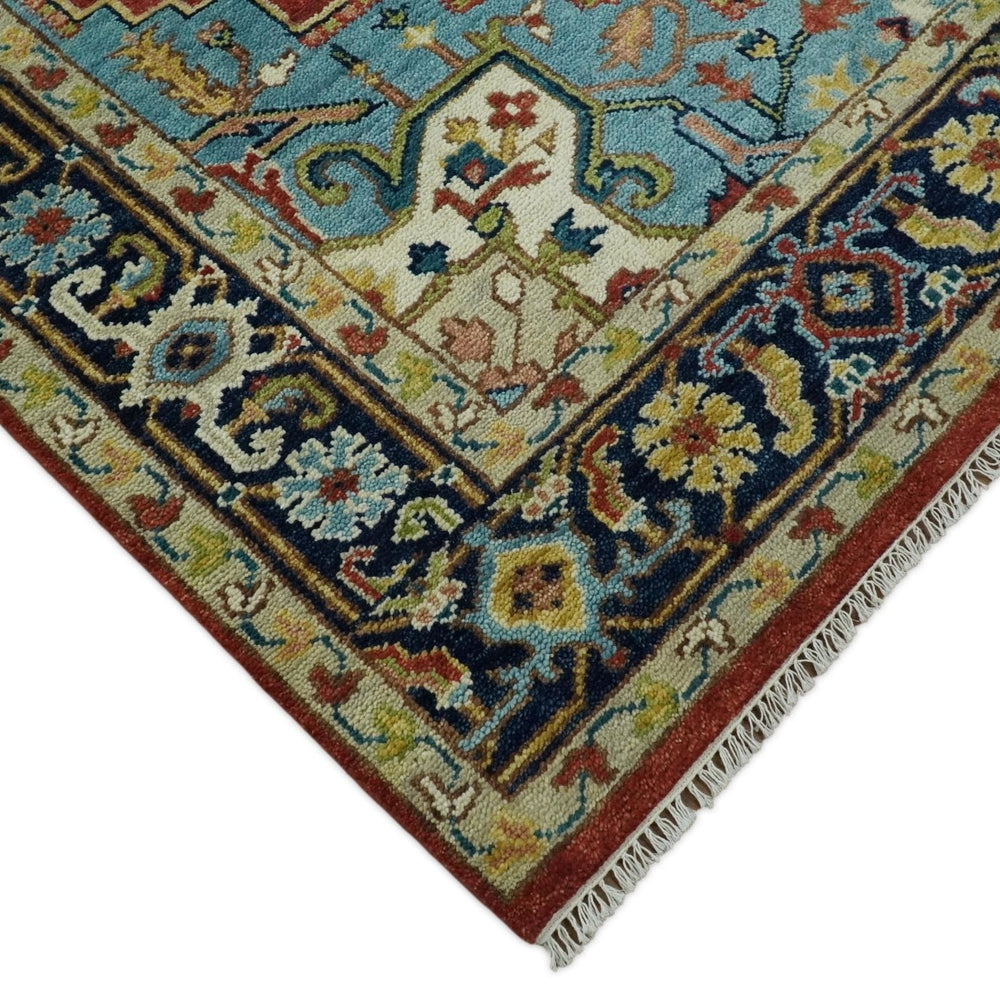 Rust And Blue Traditional Medallion Hand Knotted Wool Area Rug