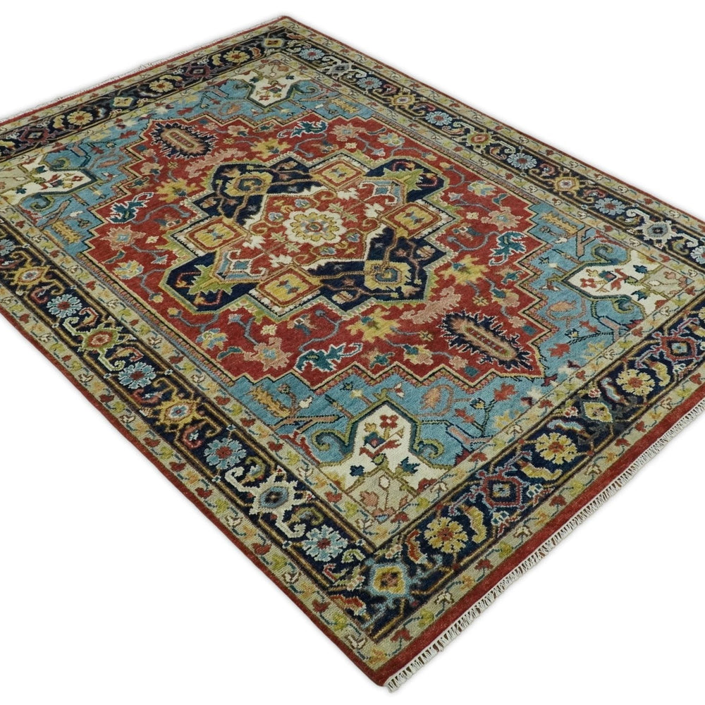 Rust And Blue Traditional Medallion Hand Knotted Wool Area Rug