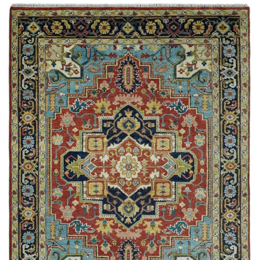 Rust And Blue Traditional Medallion Hand Knotted Wool Area Rug