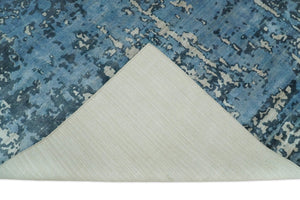 Modern Abstract Blue Hand Loom Blue and Ivory Bamboo Silk 8x10 Area Rug