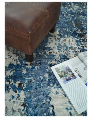 Hand Knotted 8x10 Blue and Ivory Modern Abstract Bamboo Silk Area Rug