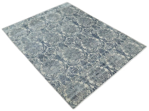 Hand Loom 8x10 Damask Ivory and gray Blended Wool and Bamboo Silk Area Rug