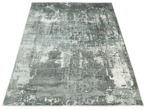 Handmade 8x10 Ivory, gray and Charcoal Blended Wool and Bamboo Silk Area Rug