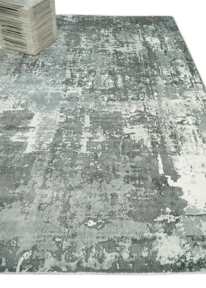 Handmade 8x10 Ivory, gray and Charcoal Blended Wool and Bamboo Silk Area Rug