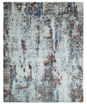 Hand Knotted 8x10 Ivory And Brown  Modern Abstract bamboo Silk Area Rug