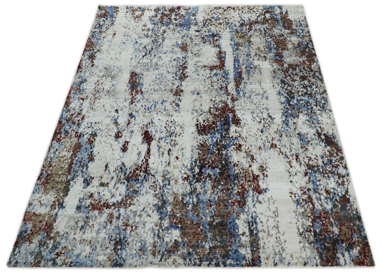 Hand Knotted 8x10 Ivory And Brown  Modern Abstract bamboo Silk Area Rug