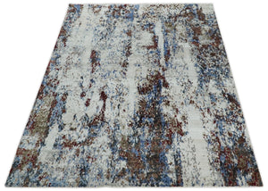 Hand Knotted 8x10 Ivory And Brown  Modern Abstract bamboo Silk Area Rug