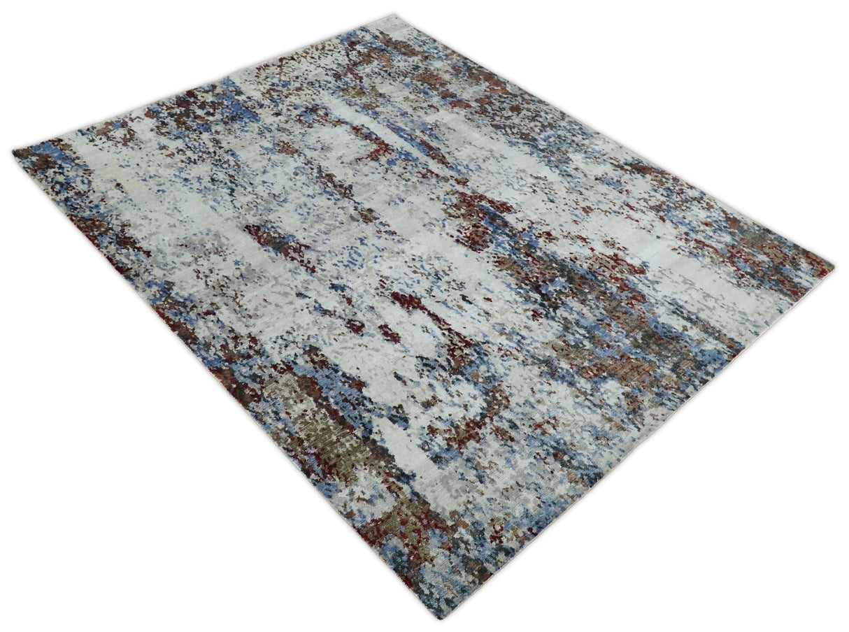 Hand Knotted 8x10 Ivory And Brown  Modern Abstract bamboo Silk Area Rug