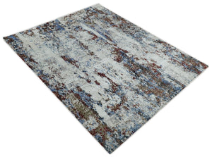 Hand Knotted 8x10 Ivory And Brown  Modern Abstract bamboo Silk Area Rug
