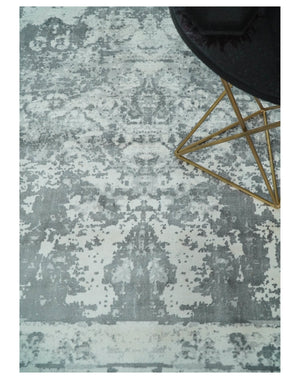 Hand Loom 8x10 Abstract Ivory and Gray Blended Wool and Bamboo Silk Area Rug