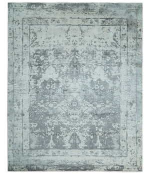 Hand Loom 8x10 Abstract Ivory and Gray Blended Wool and Bamboo Silk Area Rug