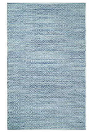 Handmade Boho Ivory and Blue Wool Blend Dhurrie Rug
