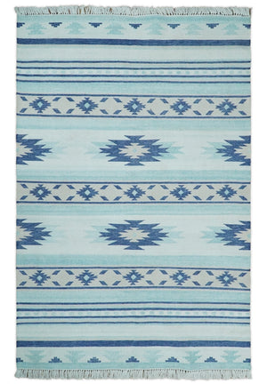 Handmade Modern Style Blue Wool Blend Dhurrie Rug