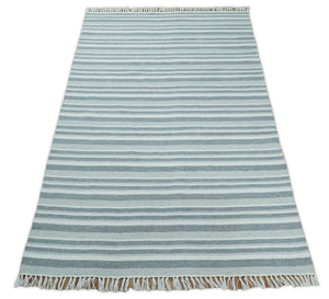 Handmade 5x8 Modern Stripes Pattern Blue And White Wool Rug