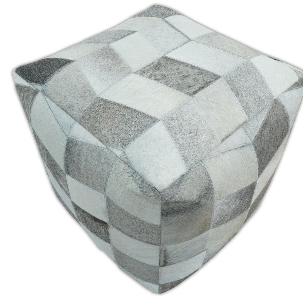 Modern Geometrical Ivory and Gray Genuine Leather Luxury Pouf