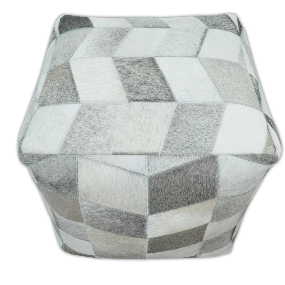Modern Geometrical Ivory and Gray Genuine Leather Luxury Pouf