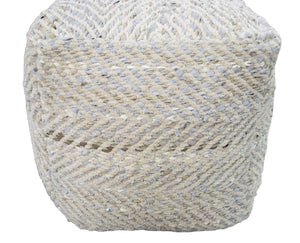 Silver and Beige Modern Style Leather and Chenille Pouf