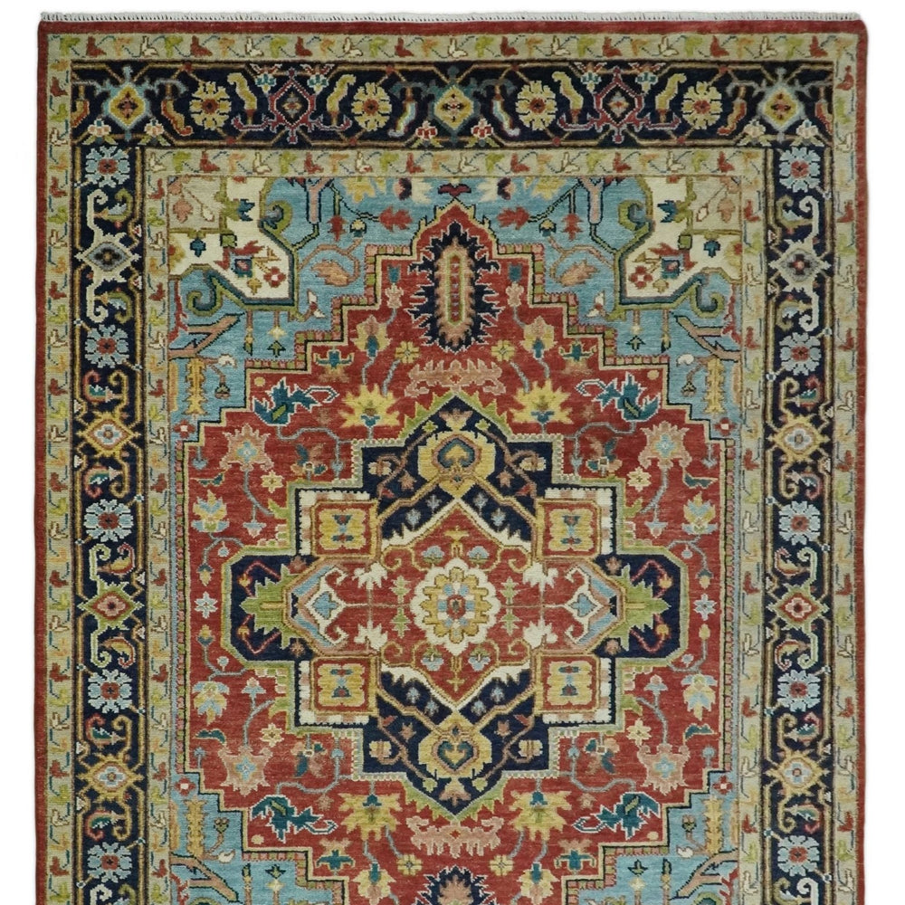 Rust And Blue Traditional Medallion Hand Knotted Wool Area Rug