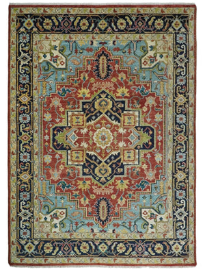 Rust And Blue Traditional Medallion Hand Knotted Wool Area Rug
